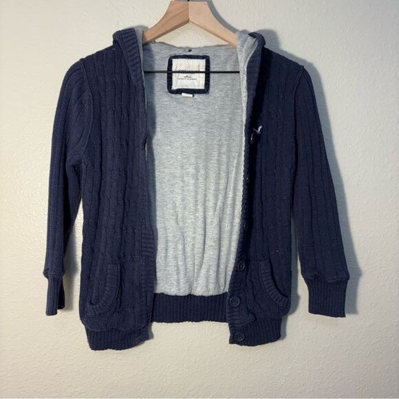 American Eagle Outfitters Cable Knit Hooded  Cardigan Kids M Navy Blue. - Picture 6 of 11